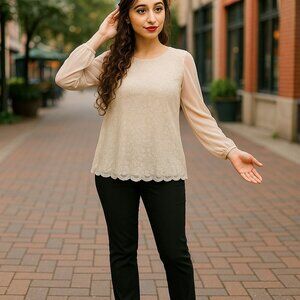 Authentic Chloe France Silk Lace Chalk Long Sleeved Blouse Romantic Fairycore